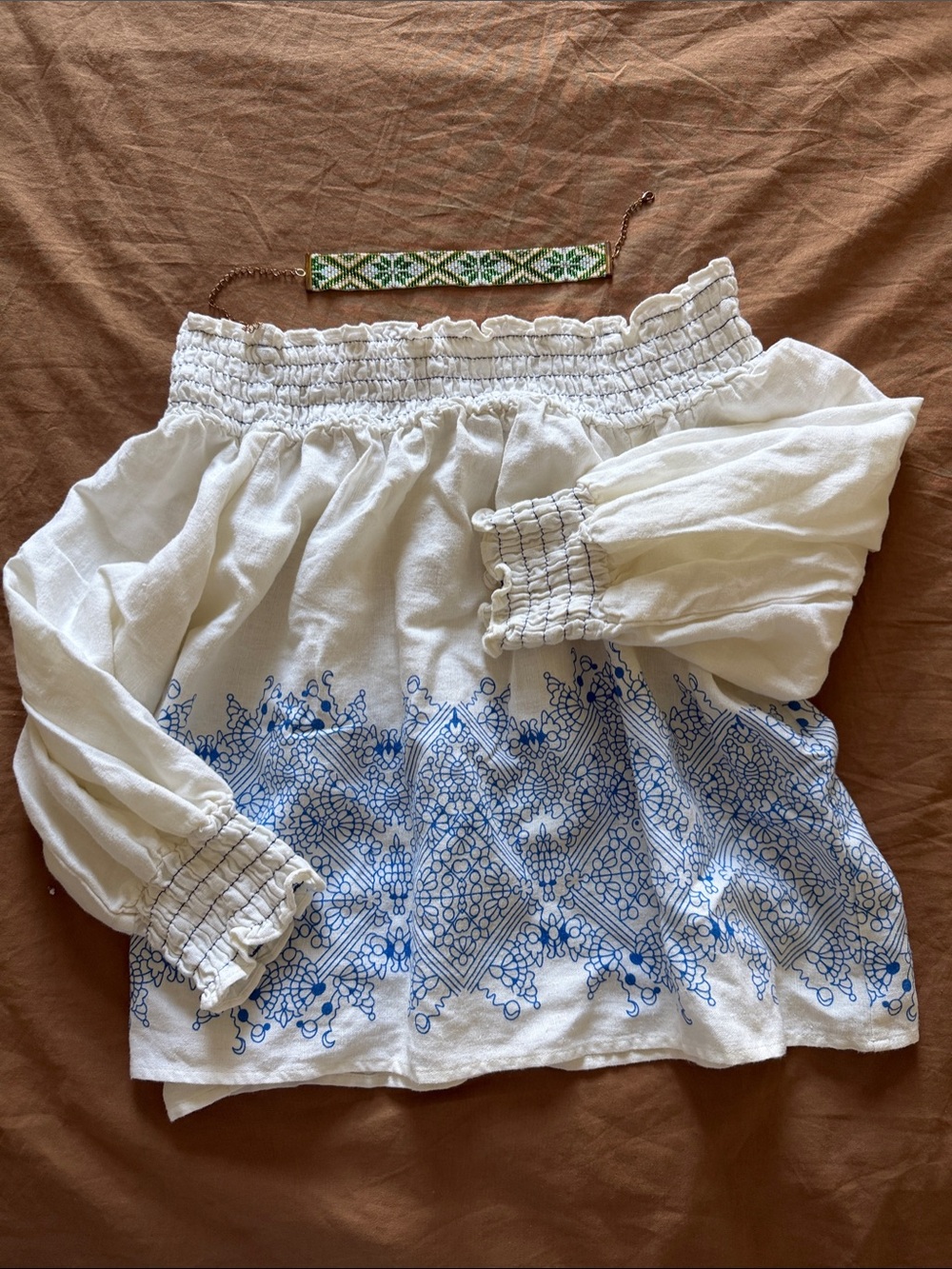 White Peasant Skirt with Blue Embroidered Border